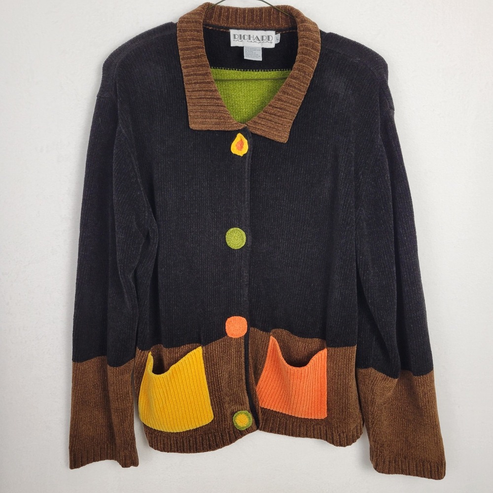 VTG Richard & Co Colorblock Knit Cardigan Sweater Womens M Brown Black Funky 90s